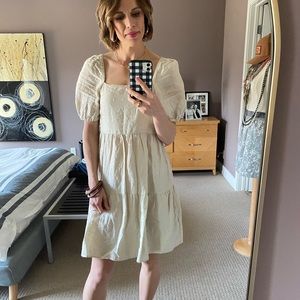 MANGO mini puff sleeve dress in clip dot linen blend